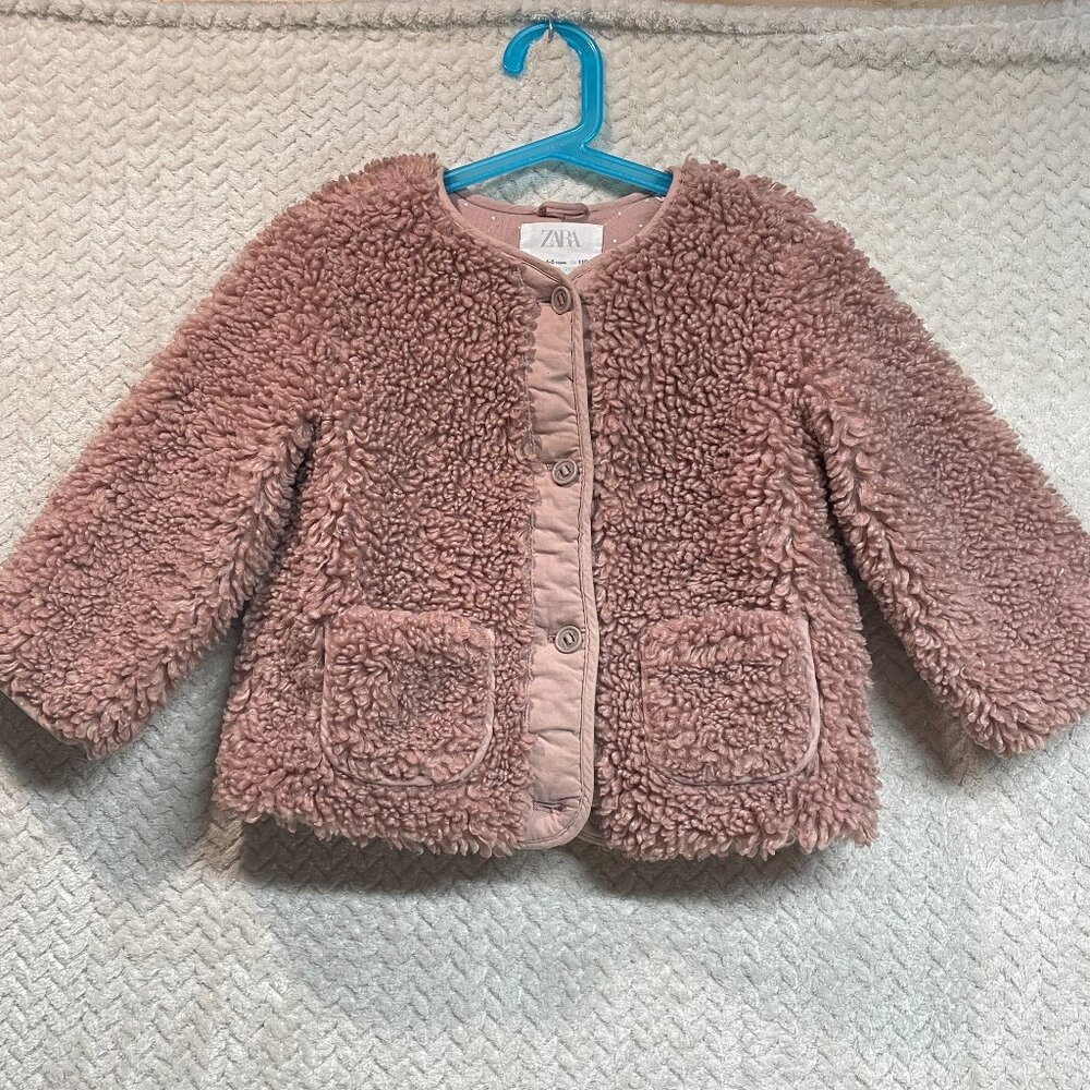 Zara Pink Sherpa Teddy‎ Bear Button Up Jacket Girls Size 4-5 Preppy Cozy Winter